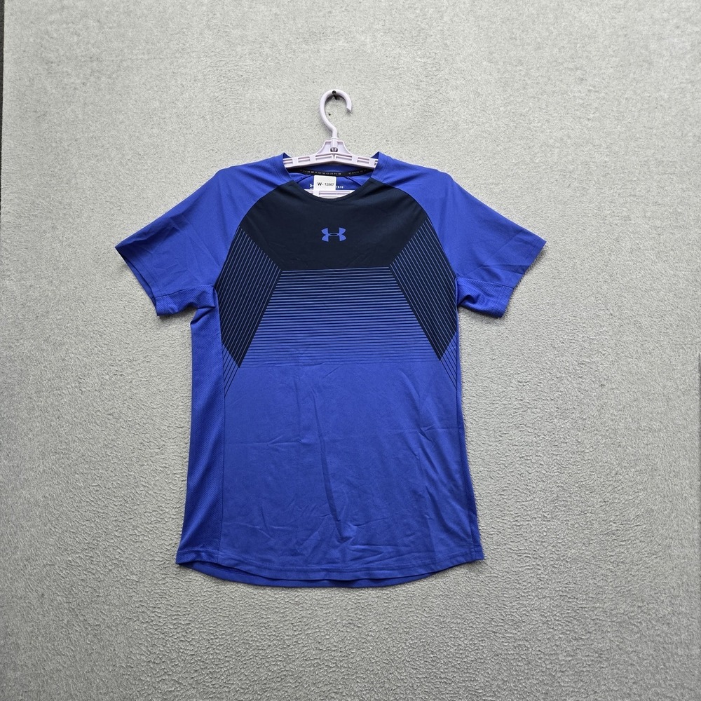 Under Armour Men Shirt L Blue‎ Graphic Heatgear Activewear Logo Fitted